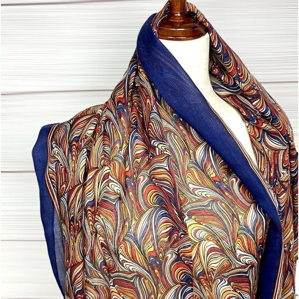Silk Wool Large Oblong Scarf Shawl Lightweight Wrap Blue Paisley Italy